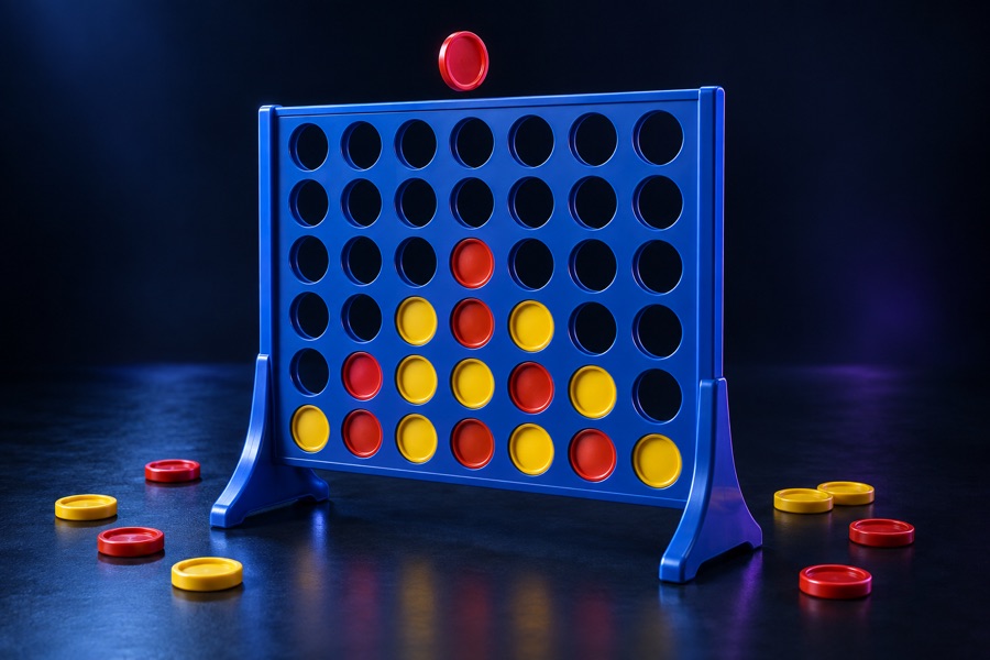 Blue Connect Four board with red and yellow counters